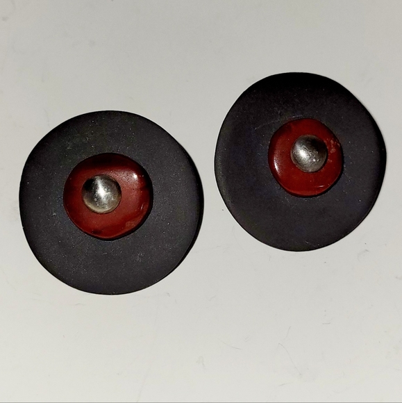 Black Earrings, Ceramic Post with Flint Stone & Sterling Button Center, Handmade - Picture 3 of 4